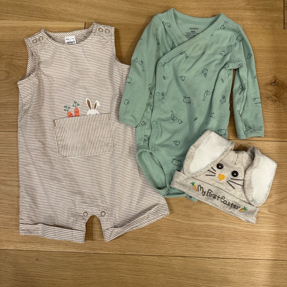 Carter's Beige Striped Baby Set - Romper, Top, and Hat
